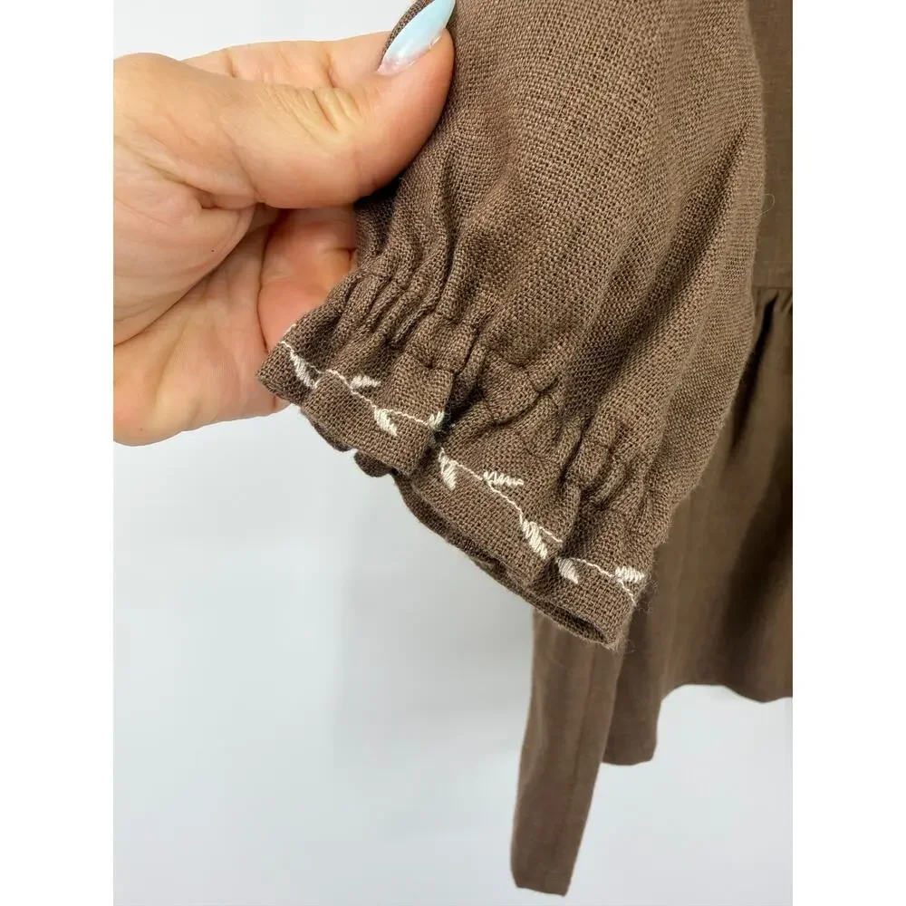 Hand Made 100% Linen Girls 7/8yo Boho Dress Embroidered Long Sleeve Cottagecore